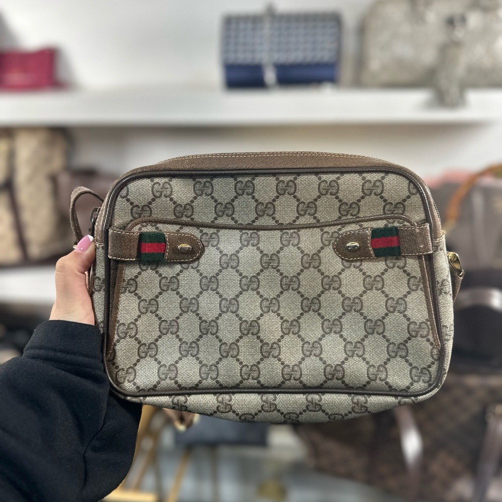Gucci Beige GG Supreme Canvas Crossbody with Brown Trim and Green-Red Web